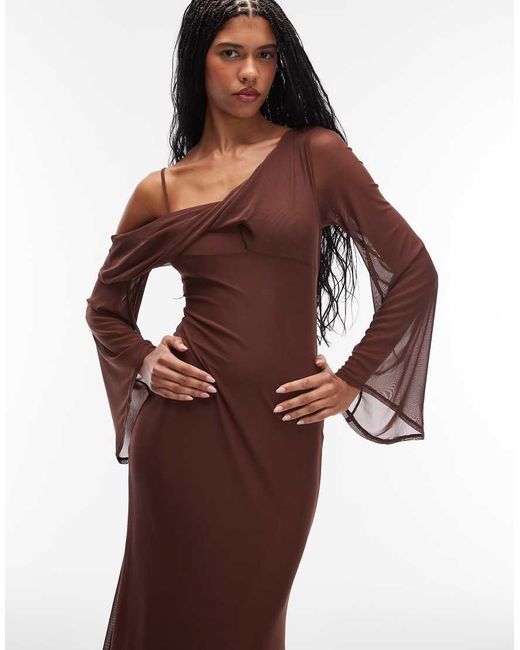 ASOS Brown Mesh Folded Neckline Maxi Dress With Fallen Shoulder