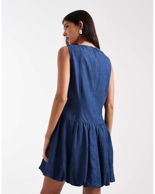 Pieces Blue Denim Drop Waist Bubble Hem Mini Dress