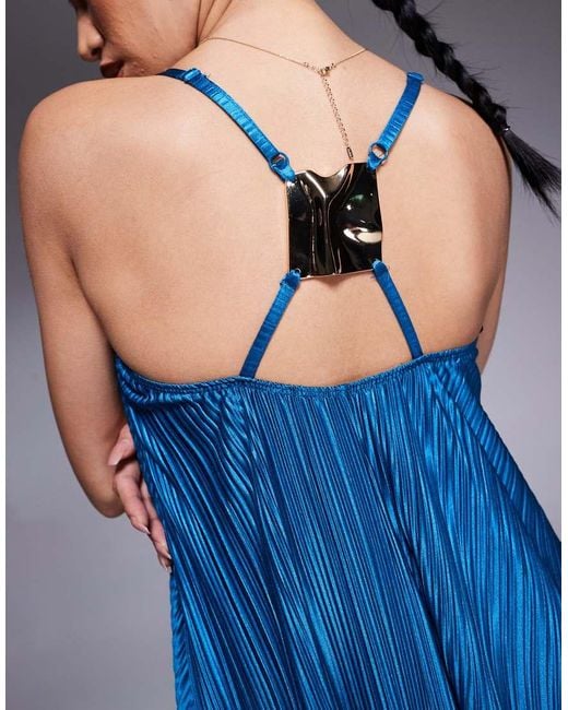 River Island Blue Plisse Maxi Dress With Metal Trim