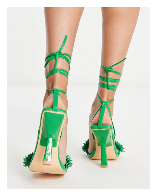 Green Tassel Front Strappy High Heeled Sandals, 51% OFF