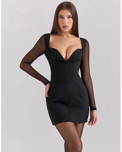 House Of Cb Black Angelie Crepe Plunge Mini Dress