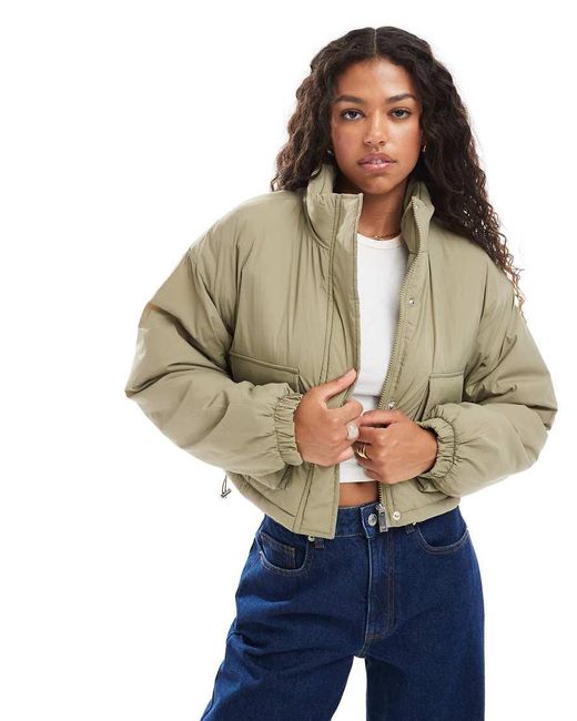 Brave Soul Green Funnel Neck Short Padded Jacket With Pockets
