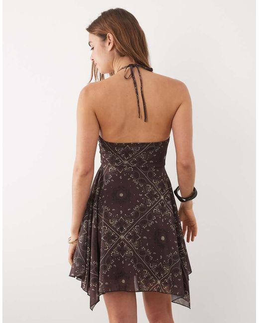 New Look Brown Halterneck Beaded Mini Dress With Hanky Hem