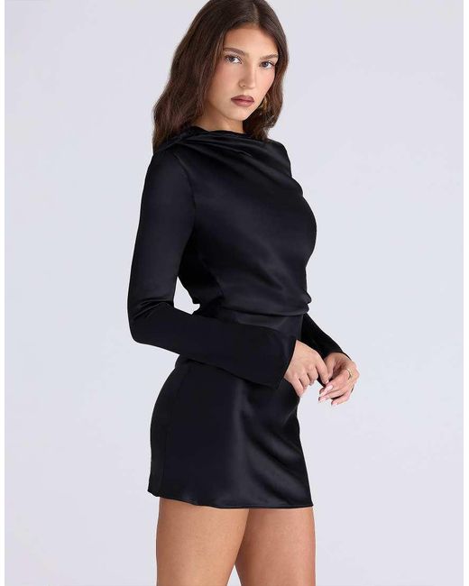 House Of Cb Black Mariska Satin Long Sleeve Draped Mini Dress