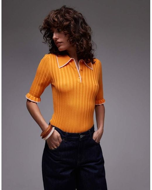 & Other Stories Orange Knitted Rib Polo Top With Short Sleeves
