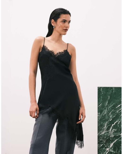 Mango Black Asymmetric Hem Longline Satin Cami Top With Lace Edge