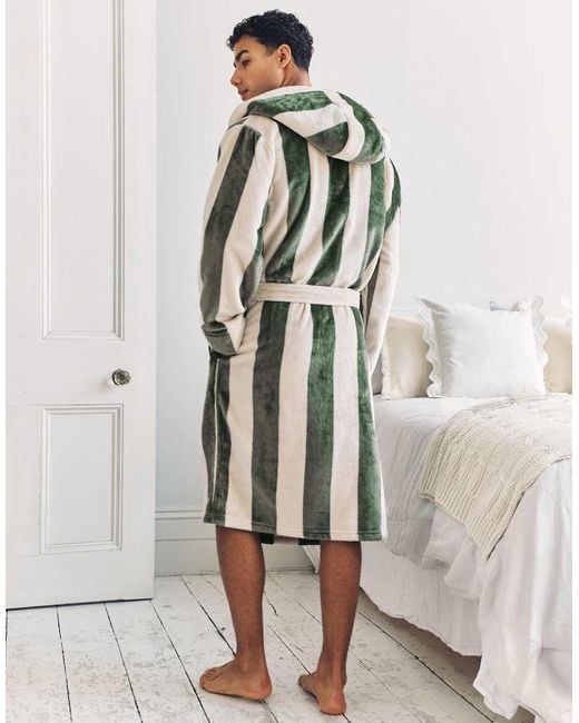 Chelsea Peers Natural Fleece Stripe Hooded Dressing Gown for men