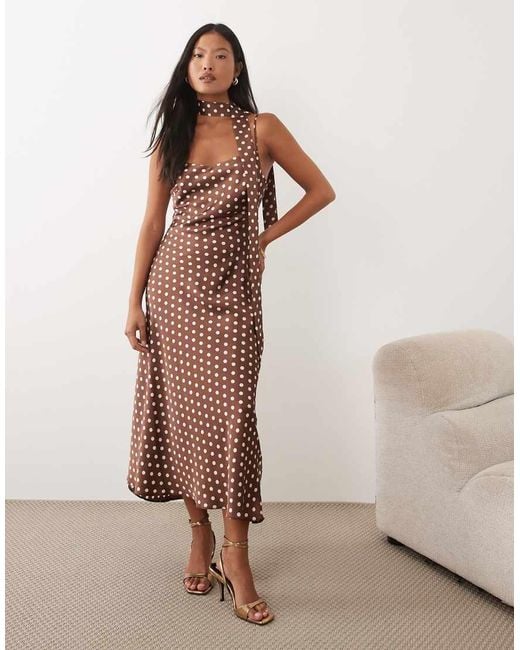 New Look Brown Scarf Polka Dot Satin Cami Midi Dress