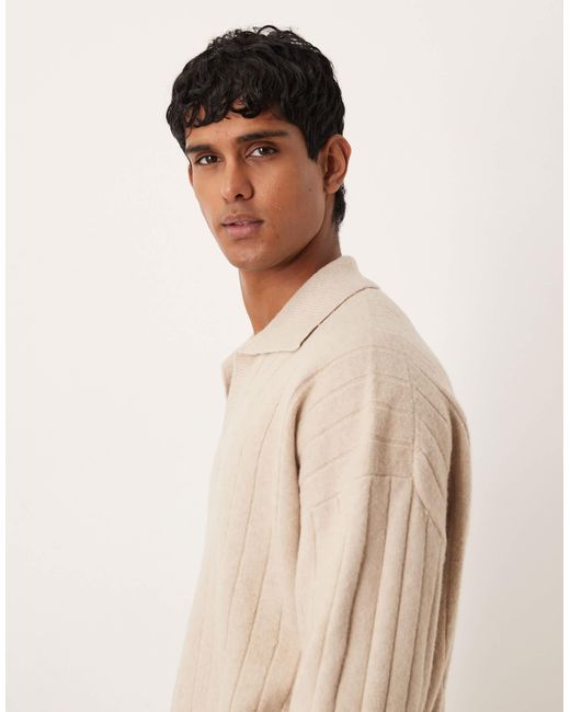 Polo oversize en maille côtelée avec manches longues et col à encoche - taupe ASOS pour homme en coloris Natural