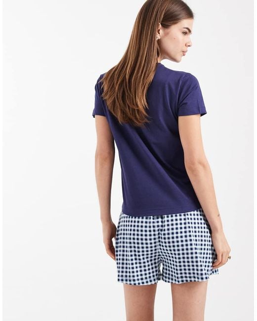 Brave Soul Blue Cotton T-shirt And Check Shorts Pyjama Set With Cherry Embroidery