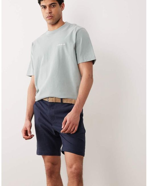 Threadbare Blue Linen Mix Chino Shorts With Belt for men