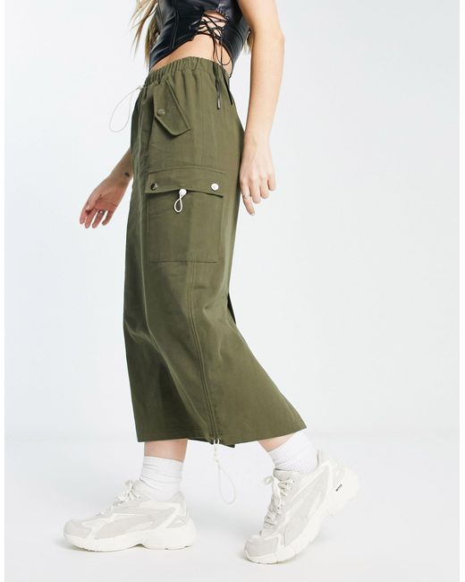 SIMMI Green Simmi Cargo Drawstring Maxi Skirt