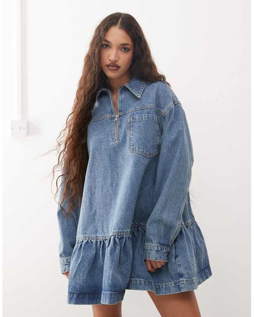 Collusion White Denim Mini Smock Dress