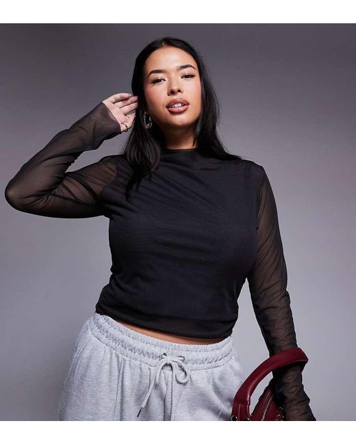 ASOS Blue Asos Design Curve Fitted High Neck Double Layer Mesh Long Sleeve Top