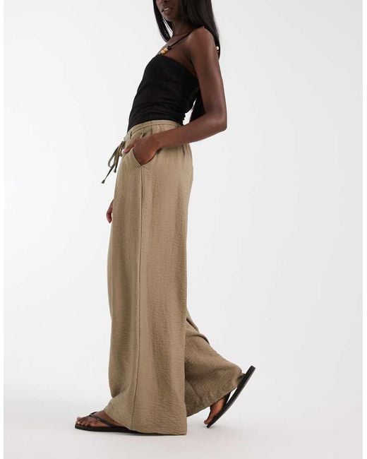 ASOS Natural Textured Wide Leg Trousers With Tie Waist