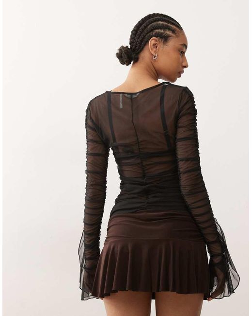 Monki Black Long Sleeve Sheer Frill Top
