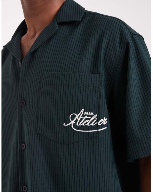 ASOS Blue Boxy Oversized Revere Ribbed Shirt With Pocket Embroidery for men