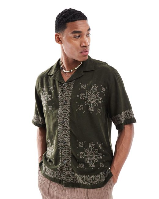 Abercrombie & Fitch Green Embroidered Border Pattern Short Sleeve Shirt Relaxed Fit for men