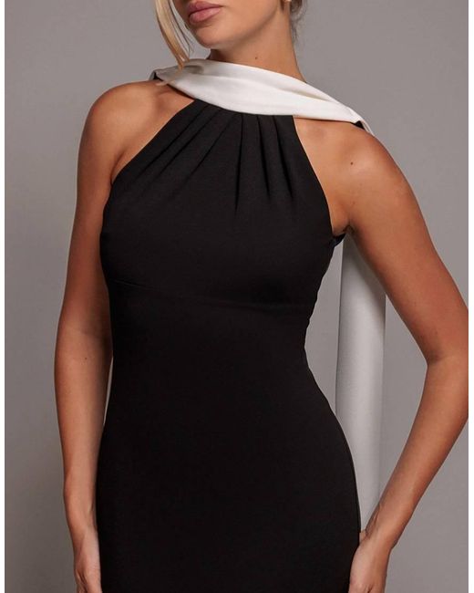Goddiva Black Contrast Crepe Halterneck Maxi Dress With Sash