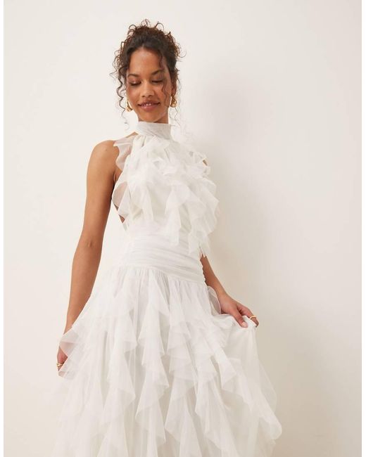 LACE & BEADS Natural Backless Ruffle Tulle Maxi Dress