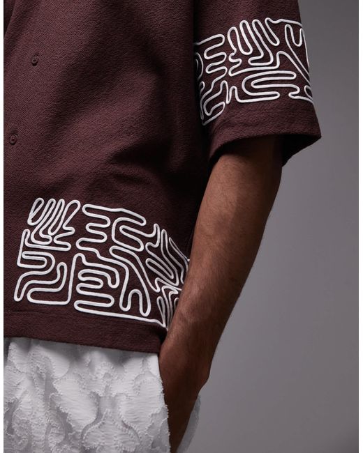 Topman Gray Oversized Fit Textured Button Through Jersey Shirt With Geo Cord Embroidery for men