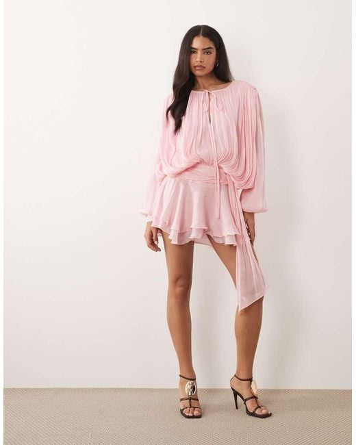Lioness Pink Elements High Sheen Chiffon Drape Detail Balloon Sleeve Tie Waist Mini Dress