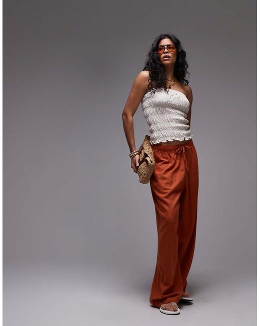 TOPSHOP Brown Shirred Linen Mix Bandeau