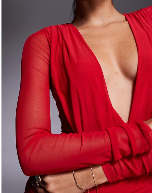 ASOS Red Mesh Long Sleeve Deep Plunge Sheer Maxi Dress With Shoulder Pad Detail