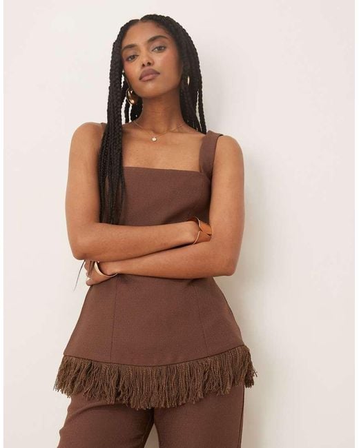 Pretty Lavish Brown Verona Fringed Tweed Top