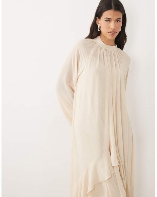 TFNC London Natural Chiffon High Neck Long Sleeve Maxi Dress With Tiered Hem
