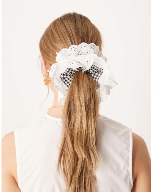 ASOS Natural Scrunchie With Gingham And Broderie Frill Detail