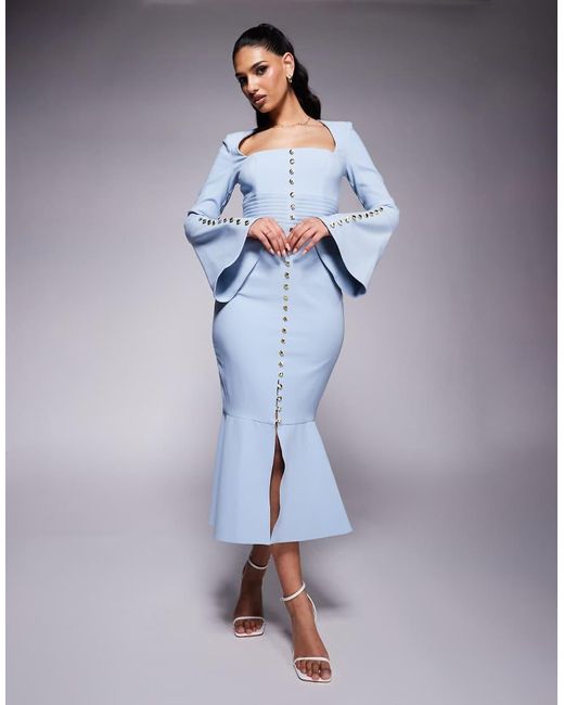 Lavish Alice Blue Boucle Square Neck Micro Rose Button Midi Dress