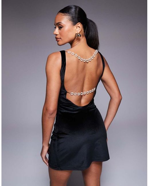 Princess Polly Black Fellaire Velvet Open Pearl Detail Back Mini Dress