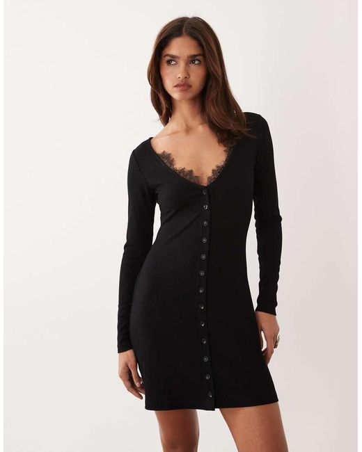 ASOS Black Lace Trim Ribbed V Neck Cardigan Mini Dress