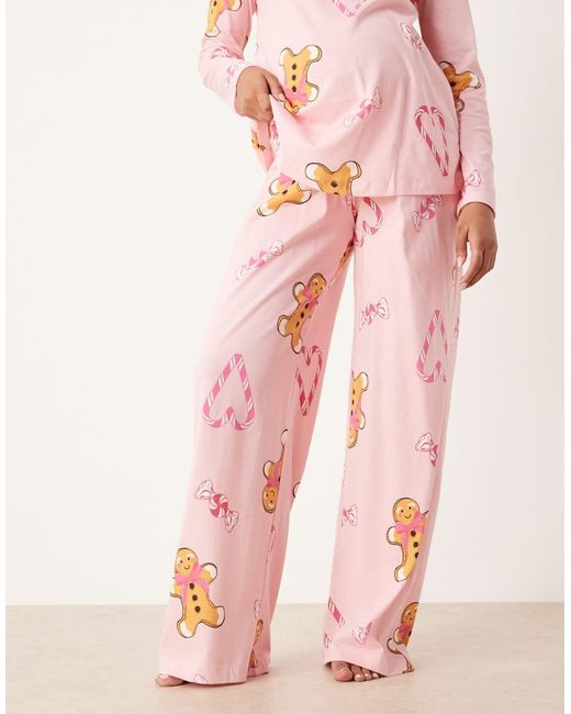 ASOS Pink Asos Design Maternity Gingerbread & Candy Cane Long Sleeve Top & Pants Pajama Set