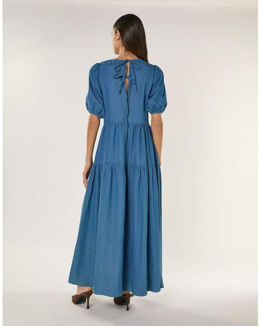 Glamorous Blue Tiered Maxi Dress With Puff Sleeves