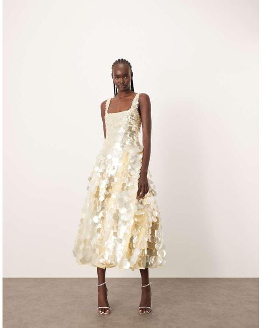 ARRANGE Natural Embellished Disc Sequin Square Neck Full Skirt Midi Dress