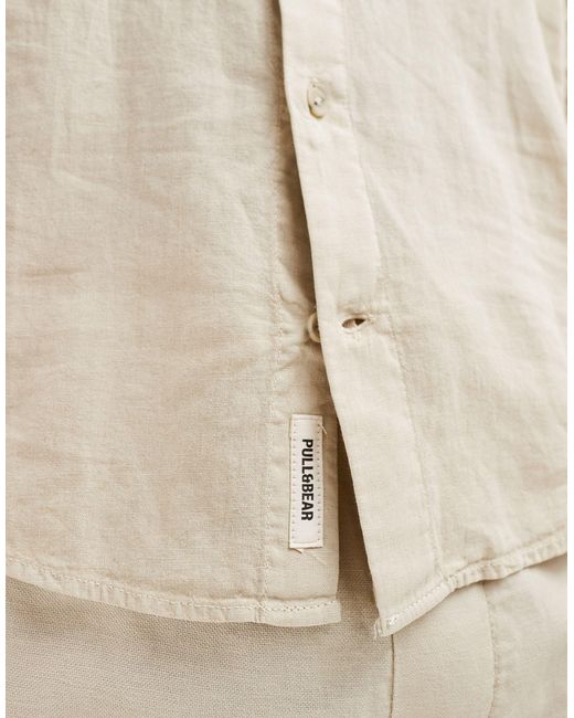 Pull&Bear White Linen Look Long Sleeve Grandad Neck Shirt for men
