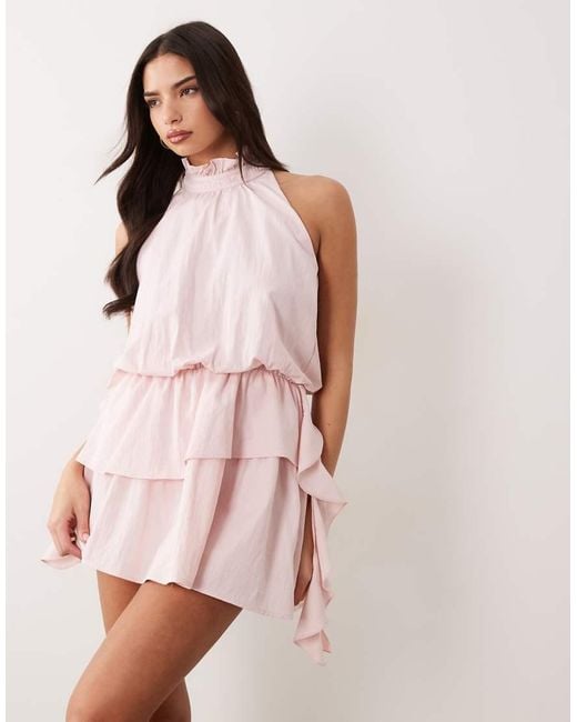 Aria Cove Pink High Neck Frill Detail Tiered Mini Dress