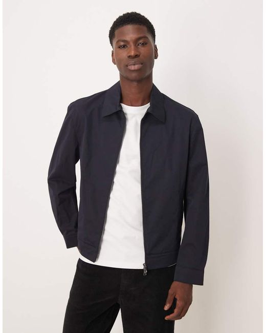 Mango Blue Cotton Mix Collared Jacket for men