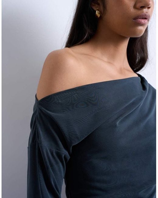 TOPSHOP Blue Cupro Off Shoulder Tunic Long Sleeve Top