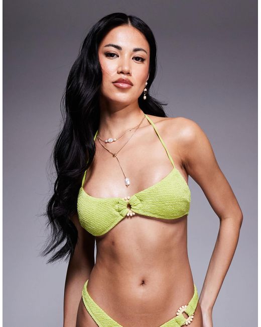 ASOS Green Bella Textured Halter Scoop Bikini Top With Beaded Ring Detail