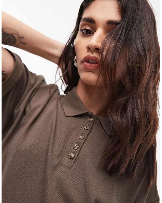 TOPSHOP Brown Short Sleeve Boxy Polo