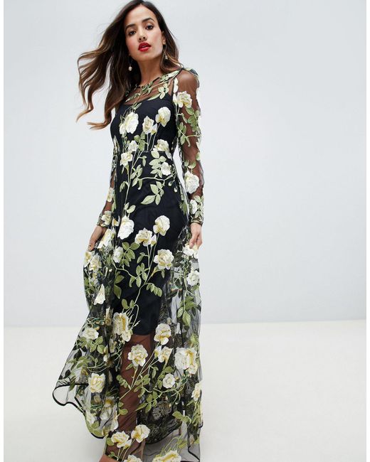 ASOS Multicolor Floral Embroidered Maxi Dress With Cutabout Skirt