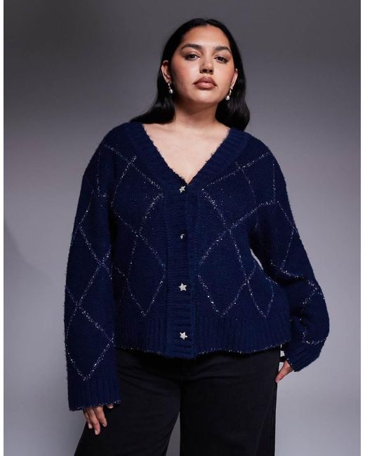 Renee Studio Blue Fluffy Knit Tinsel Argyle Detail Star Button Cardigan