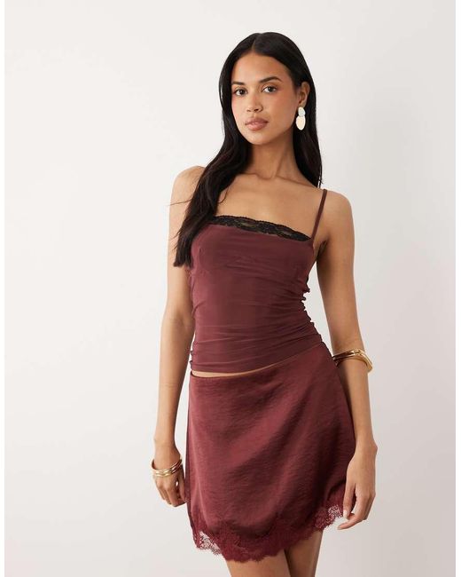 ASOS Red Slinky Square Neck Skinny Strap Cami Top With Lace Trim