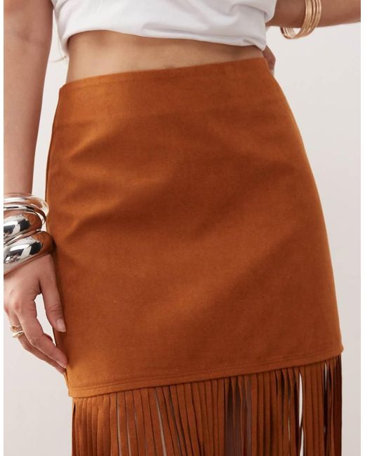 Miss Selfridge Brown Festival Suedette Fringe Skirt