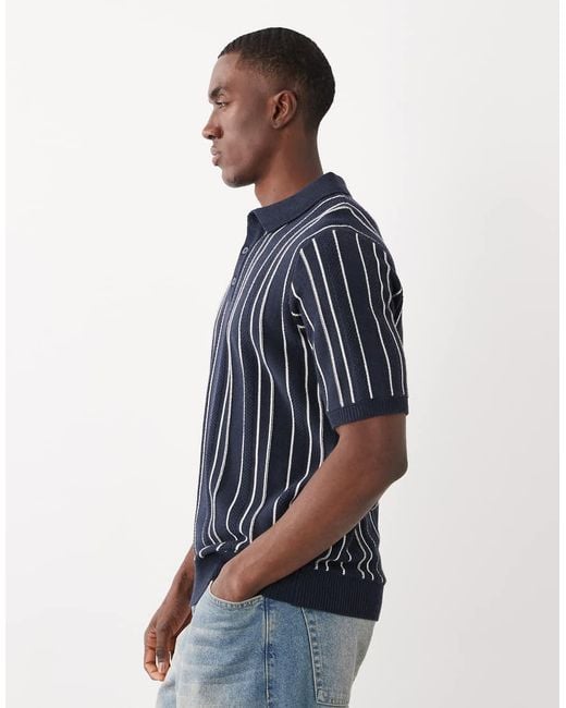 Threadbare Blue Knit Short Sleeve Pinstripe Polo Shirt for men
