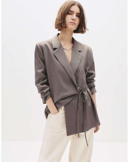 Pull&Bear Gray 100% Linen Tie-Fastening Blazer