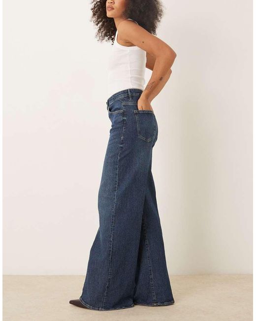 Mango Blue Elise Cotton Mix Pleat Front Wide Leg Jean